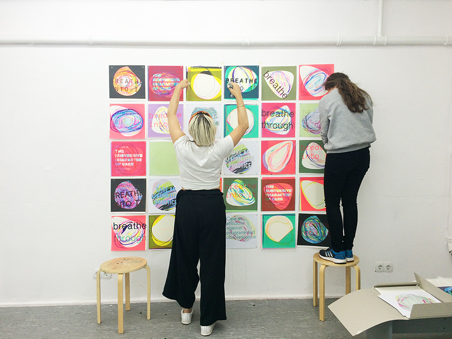 Deborah Ligorio, Installing at Insitu, Berlin, with curators Matilde Cerruti Quara and Sorana Serban